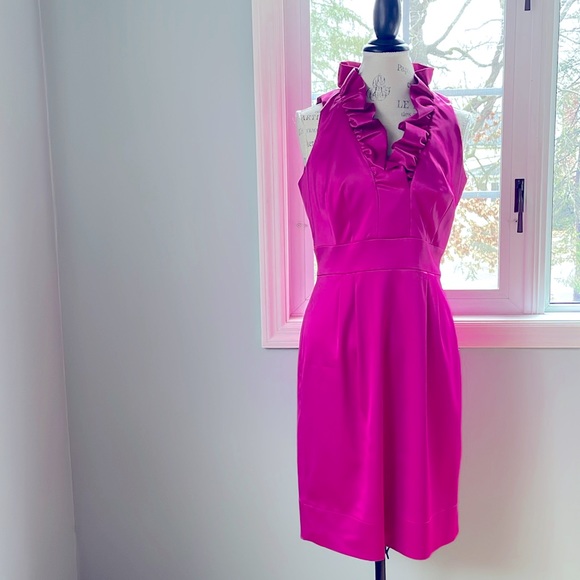 Just Taylor pink/raspberry satin high ruffled occasion dress EUC size 8 - Picture 1 of 9